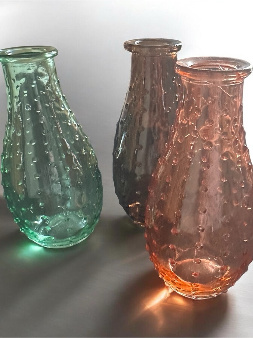 Textured Amber, brown  and Aqua Glass Bud Vases - Set of 3